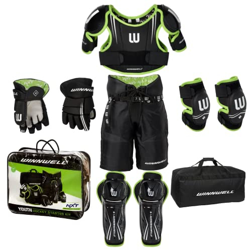 Winnwell Youth Ice Hockey Equipment Set - Shoulder, Elbow, Shin Pads, Gloves, Pants & Bag (Small, Black/Green)
