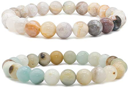 Bivei Natural Gemstone Semi Precious Crystals Handmade Stretchy Round Beads Bracelet, Enhance Positive Energy,Stocking Stuffers for Women(Bamboo Leaf Agate & Amazonite (Good Luck) Medium)