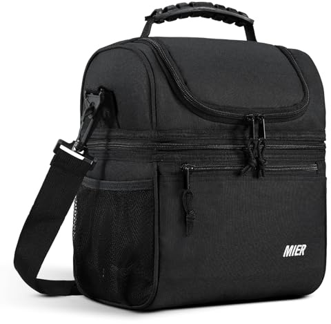 MIER Insulated Lunch Box Bags for Men Women, Dual Compartment, Black