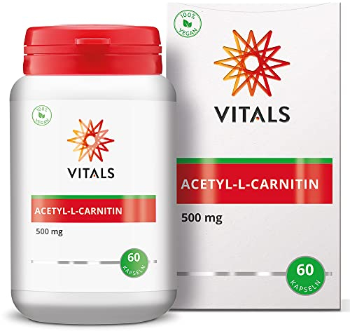 Vitals - Acetyl-L-Carnitin 500mg 60 Kapseln, acetylierte Form von L-Carnitin. 100% vegan. In einer pflanzlichen Kapsel, ergänzt mit einem Hilfsstoff aus einer natürlichen Quelle.