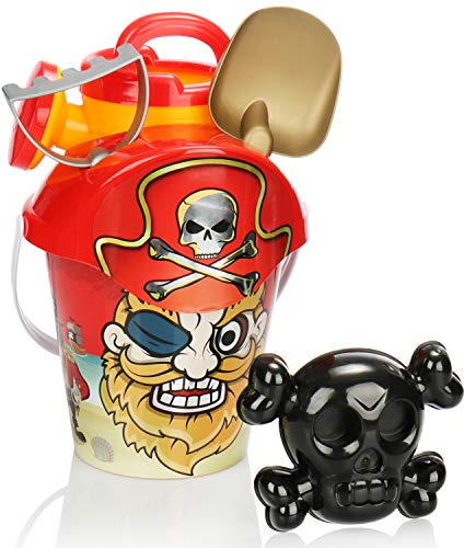 COM-FOUR® Ensemble de Jouets de Plage de 6 pièces - Jouets de Sable pour la Plage et Le bac à Sable - Seau, Couvercle avec Tamis, Pelle, râteau, Moule et arrosoir (Rouge)