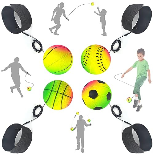 Jastown 4 Pièces balles rebondissantes avec Corde élastique et Bracelet, Jouet Multicolore en Caoutchouc pour Enfants, Entraînement Coordination Main-œil