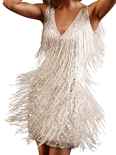 ORANDESIGNE Abito con Frange Senza Maniche Donna Abiti con Paillettes Charleston per Costume Festa Danza Latino Abito da Ballo Vestito Samba Rumba Tango Danza Moderna B Argento L