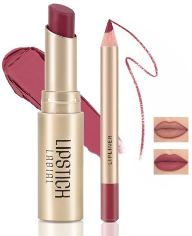 Boobeen 2 Piezas Lápiz Labial y Delineador de Labios, Ultra Larga Duración Mate Nude LipLiner Lápiz Labial Cremoso Impermeable Color de Labios