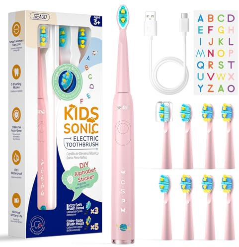 Seago Spazzolino Elettrico Bambini 6-12 Anni, Spazzolini Elettrici per Con Adesivi Fai Da Te Divertenti, Timer Da 2 Minuti, 8 Testine Spazzolino Bambini,Impermeabile IPX7 SG-2303 (Rosa)