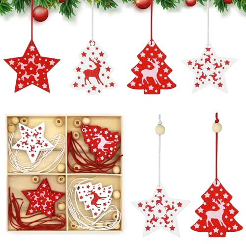 ALLY-MAGIC Christmas Wooden Ornaments, Reindeer Christmas Tree Decorations, 20PCS Wooden christmas Trees Hanging, Star Xmas Tree Ornament Gifts Tags for Xmas Holiday Party Decoration Y9MLYHGJ