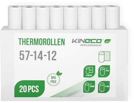 Kineco Ec-Cash Kassenrollen 57mm x 14m x 12mm - Thermorollen, Thermopapier, Bonrollen für Bankomat - Kredit-Kartenlesegeräte (57x35x12) mit SEPA Lastschrifttext (20 Rollen)