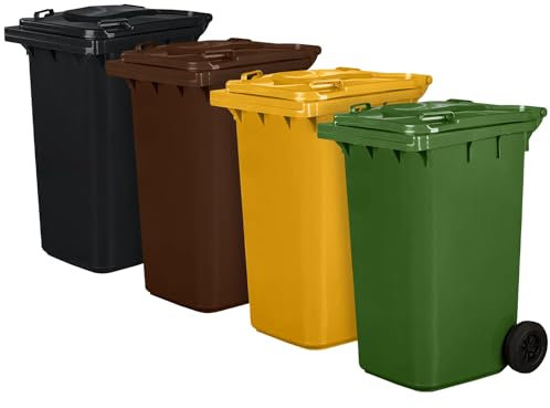 Juego de 4 cubos de basura para basura PN-EN 840, de 240 litros, con ruedas, sistema de enganche para extracción mecánica, de plástico, negro, marrón, amarillo, verde
