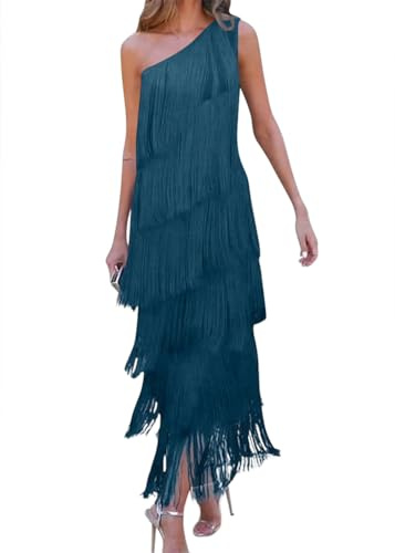 Onsoyours Abito da Ballo da Donna Sexy in Tinta Unita con Frange Senza Maniche con Orlo A Cascata Abito da Torta Abito Sottile A Tunica Abito da Ballo Abito da Discoteca A Azzurro S