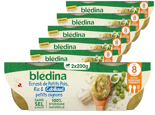 BLÉDINA - Bols - Repas Midi Bébé - Ecrasé de Petits Pois, Riz et Cabillaud Petits Oignons - dès 8 Mois - sans Sel Ajouté - 12 x 200 g