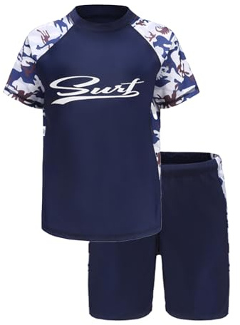 Trsenvrml Boys Swim Set Kids Swimming Costume Rash Guard Short Sleeve Swim Shirt + Swim Trunks Shorts Bathing Suit (Letter, 7-8T)