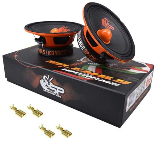 KIT SET PER SP AUDIO SP-EM6.5 2 altoparlanti midrange da 16,5 cm 165 mm 6,5 di diametro, 100 watt rms 200 watt max, impedenza 4 ohm, sensibilità 95 db spl, per auto, a coppia + 4 faston omaggio