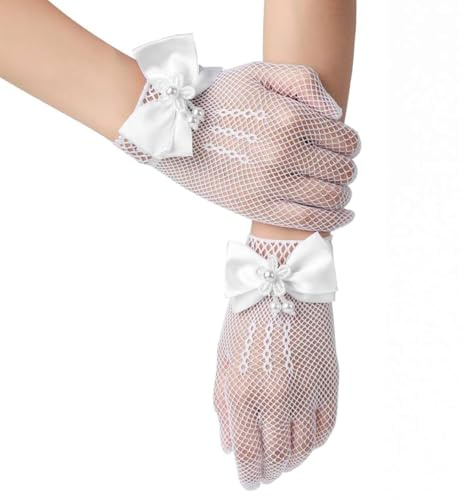 AffeGifts Gants Princesse,Gants de Fille de Fleur de Mariage Costume de Filet de Poisson Gant Blancs Purs Pour la Fête du thé Sainte Communion Pour 4-12 ans (Blanc)