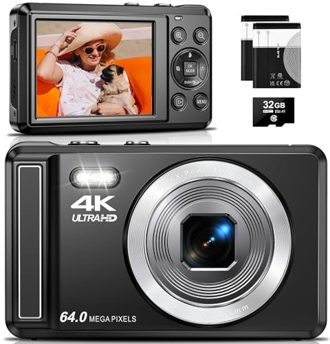 4K Digital Camera, 64MP 2.8 UHD Compact Cameras - Autofocus Rechargeable Vlogging Camera with 32GB Card & 2 Batteries, Portable Travel Cameras with 16X Digital Zoom for Kids Beginners Teenagers