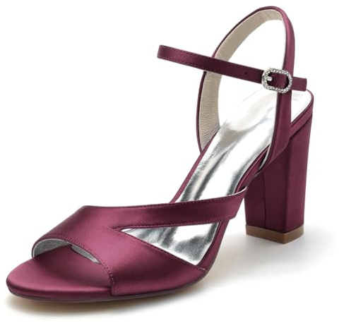 Gycdwjh Sandalia con Talón Slingback Mujer 8.5cm Satén Puntera Abierta Comodas Verano Talón Grueso Zapatos Correa de Tobillo Hebilla para Vestir Fiesta,Burgundy,39 EU