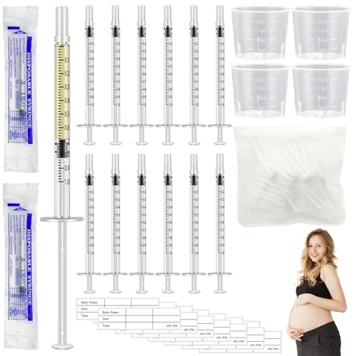 50PCS Colostrum Collector Kit - 1 ml Breast Milk Collector Breast Catcher with Stickers 20 ml Measuring Cups and No Needle Collection Bag Breast Colostrum Collection Gift Set for Breastfeeding