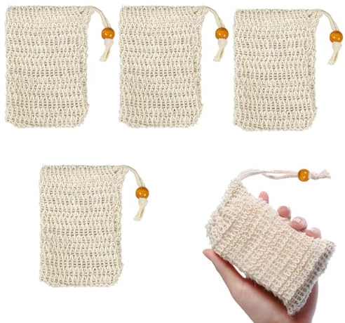 4 Piezas Bolsas de Jabón de Sisal Orgánico, Bolsas de Jabón, Cordones para Jabones, Ducha Bolsas de Fibras Naturales, Compatible para Jabones, Champús Sólidos y Cuidado de la Piel