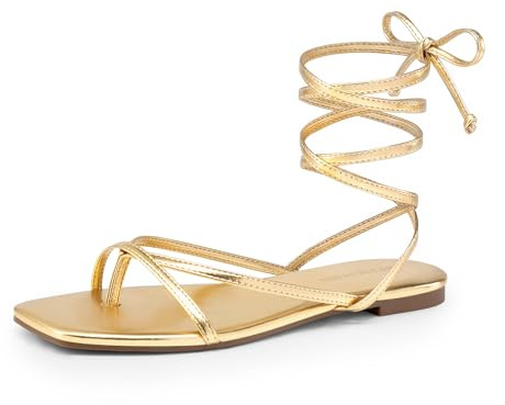 DREAM PAIRS Women's Strappy Flat Sandals - Comfortable Lace Up Gladiator Dressy Sandals, Square Toe Tie Up Walking Sandal, Summer Wrap Up Vocation Sandal Mermaid Shoes,Size 9,Gold,SDFS26010W