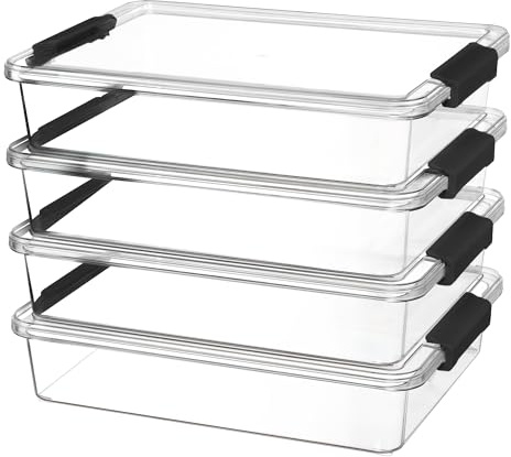 Vtopmart 6 Qt Plastic Storage Bins with Lids, Clear Sensory Bins, Arts Crafts Organizers and Storage, Stackable Containers for Home Office and School Supplies, 4 Pack, Black