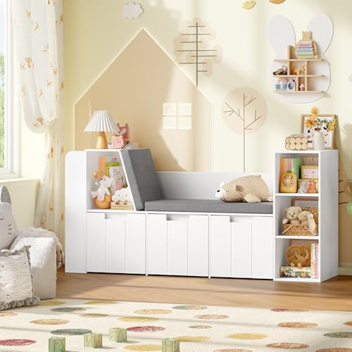 HOCSOK Scaffale per bambini, 156 cm, per bambini, con panchina, per giocattoli, per cameretta dei bambini, con ruote, colore bianco, 80 x 38 x 156 cm