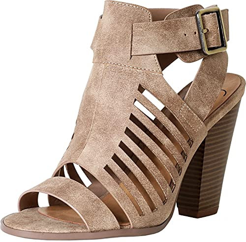 Soda Delicious Yummy Gladiator Cutout Stacked Heel Sandal Shoes with Adjustable Ankle Buckle (Taupe Pu, us_footwear_size_system, adult, women, numeric, medium, numeric_7)