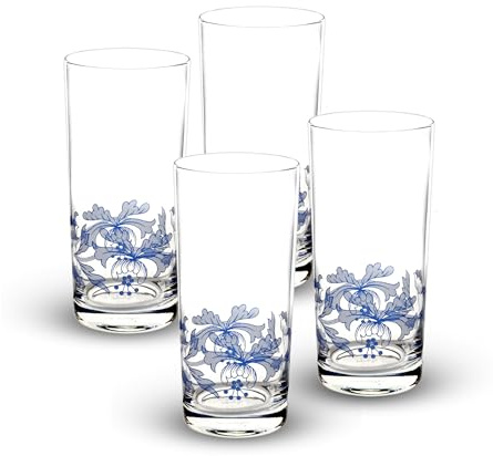 Spode Blue Italian Highball Glasses | Set of 4 | 15 Ounce Capacity | Tall Glasses for Drinking Cocktails, Mojito, Scotch, Water, and Juice | Handwash Only