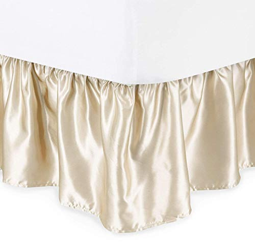 Bed Ruffle - Dust Ruffled Bed Skirt with Platform - Easy Fit with 16 Inch Tailored Drop - Luxurious Silky Satin Hotel Quality, Wrinkle and Fade Resistant (Queen, Ivory)