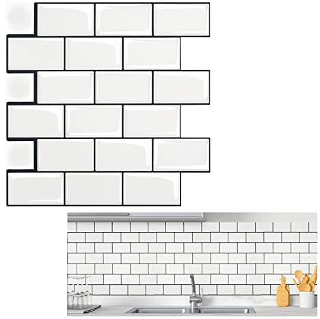 LZQ 10 Blatt Klebefliesen Küche Selbstklebende Backsplash Fliesen 3D Fliesenaufkleber Spritzschutz Wasserdicht für Küche Bad (30 × 30 cm, Weiß)