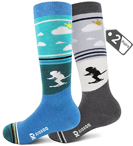 RIOROO 2 Paar Merinowolle Unisex Skisocken Kinder, Skisocken Kinder Dicke VerstäRkte SkistrüMpfe für Jungen Mädchen Thermo Wintersocken Warm Und Atmungsaktiv mit Anti-Rutsch-Bündchen Wade Design