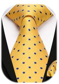 HISDERN Cravatta Giallo Uomo Elegante a Pois Cravatte e Fazzoletto da Matrimonio Set Cravatta e Pochette da Business