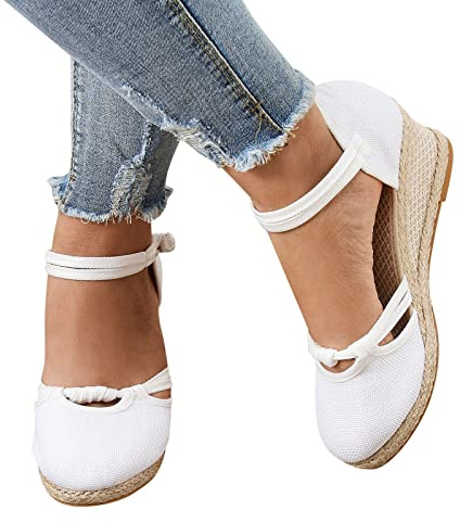 Sandales d'été compensées pour femme, tendance et polyvalentes, en lin tressé, respirantes, avec bout rond fermé, pour les loisirs, Blanc.