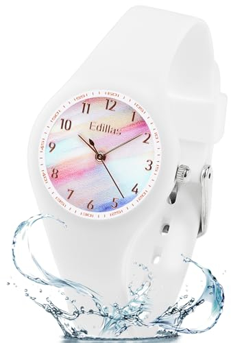 Edillas Kinderuhr Analog für Jungen Mädchen,wasserdichte Armbanduhr Jungen Mädchen Kinder Kleinkind zum Leicht zu lesen Lernen Zeitschule mit Weichem Riemen Lernen Uhren (Weiße Farbe)