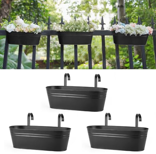 Dahey 3 st hängande blomkrukor i metall för räcke staket 40 cm hängande hinkkrukor lantlig stil fönster blomma växthållare med avtagbara krokar för trädgård gård heminredning, svart