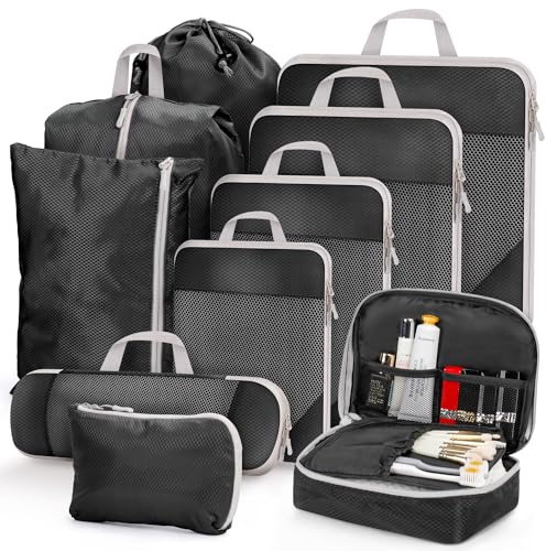 MUUKAIII Koffer Organizer Set 10 Teilig, Packing Cubes Compression, Packtaschen mit Kompression, Travel Organizer für Koffer und Rucksack, Packwürfel, Kofferorganizer Reise Kleidertaschen, Schwarz