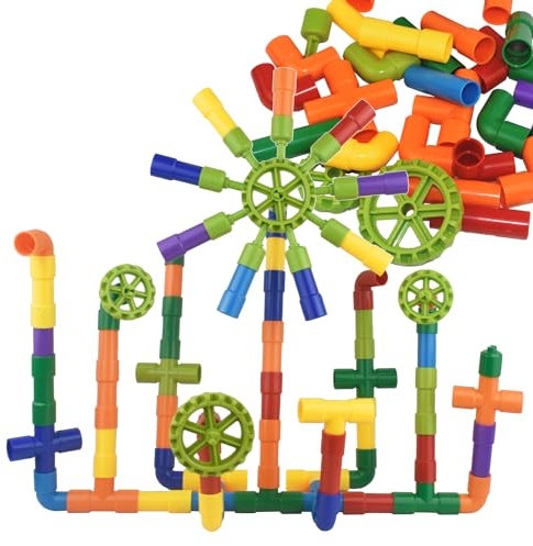 Dr.OX Pipe Building Blocks Tubular Spout Construction Building Blocks 85 Pieces Toy Fun Educational Building Construction Toys with Wheels, Parts and Storage Bag for Kids Boys Girls Ages 3+ STEM Toy