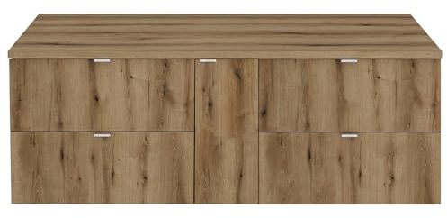 Lomadox Double lavabo de salle de bain 140 cm, chêne, faible profondeur (40 cm)