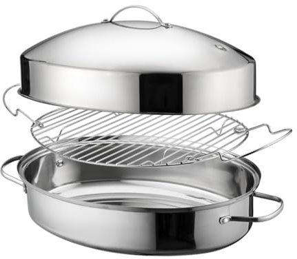 Grande teglia da forno con griglia e coperchio, regalo per mamma, donne, moglie, in acciaio inox, grande tostatura ovale, antiaderente, per pollo di tacchino, 53 cm