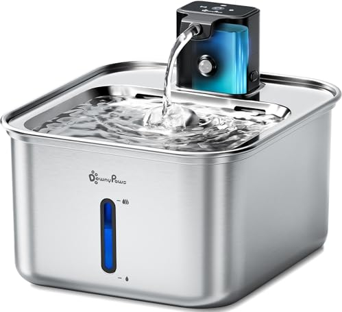 DownyPaws Katzenbrunnen Edelstahl Kabellos, Trinkbrunnen für Katze Edelstahl mit Bewegungsmelder und batteriebetrieben, 3L Katzen Trinkbrunnen für Katzen und Hunde, extrem leise, leicht zu reinigen