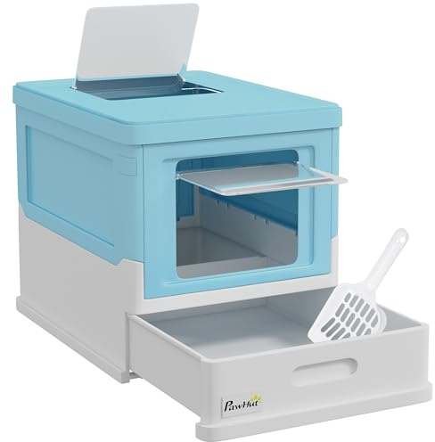 PawHut Arenero para Gatos, Caja de Arena para Gatos Plegable, con Bandeja Extraíble, Tapa, Pala, Fácil de Limpiar, Control de Olores, Antichapotones, para Raza Pequeña y Mediana, Azul y Blanco