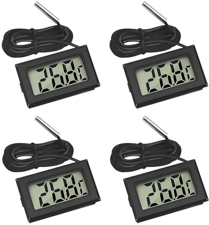 4 Pcs Digital Thermometer Temperature, Fridge Thermometer with External Probe for Fridge, Freezer, Refrigerator, Aquarium, LCD Display -50℃ to +110℃ Range, ±1.0℃ Accuracy, Compact Design, Black