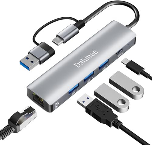 Dalimee Hub USB C, docking station a 5 porte con 3 USB-A 3.0, USB-C, Gigabit Ethernet, docking station in alluminio da 5 Gbps per MacBook, iPad, iPhone, e altri dispositivi di tipo C/Type-A