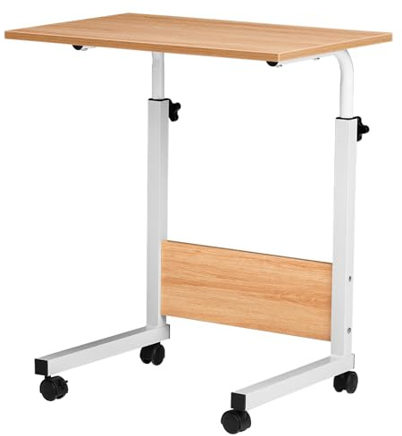 Bonnlo Side Mobile Table 60×40cm, Portable Laptop Table with Rolling Wheels | Height Adjustable Computer Desk, C-Shaped Bed Couch End Tables with Edge Stopper for Living Room Bedroom, Birch