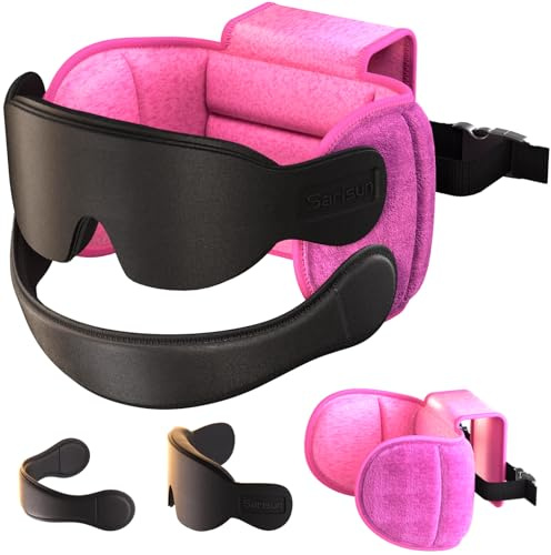 SARISUN Oreiller de Voyage avec mentonnière, Oreiller d'avion avec Masque de Sommeil 3D, Sangle de Maintien à 360° pour Tous Les sièges d'avion, indispensables pour Les Longs Vols, Rose
