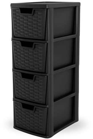 SIDSONS - Medium Rattan Effect Drawer Storage Unit Plastic Tower with Spacious Drawers for Home Office Bedroom Living Room Organisation Durable Stylish Design (Rattan Black, 4 Tier)