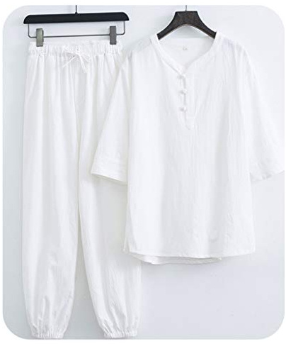 Women Zen Meditation Uniform Cotton Linen Tai Chi Uniform Short Sleeve Kung Fu Clothing White-M