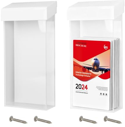 TOWEBOORY 2 Pezzi Supporto da Parete per Brochure, Porta-Depliant da Esterno Porta Volantini da Parete Trasparente, Impermeabile, con 4 Viti, per Opuscoli, Mappe e Menu (25*11.1*5cm) (Bianco)