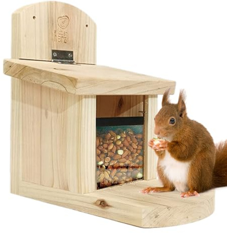 Wezalget Mangeoire pour Écureuil - Distributeur Alimentaire en Bois Résistant au Vent - Distributeur De Nourriture pour Écureuils avec Plateau Allongé - pour Faune, Jardin, Patio, Balcon,