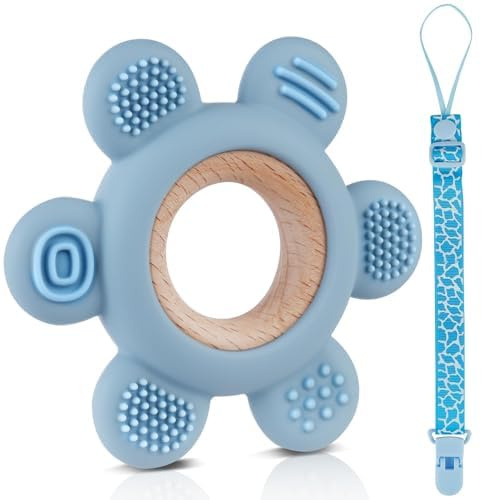Vicloon Beißring für Baby, Baby-Beißspielzeug aus Silikon Ruder Greifling Beißspielzeug mit Schnullerketten, BPA freie Zahnungshilfe Greifring für ab 3 Monaten (Blau)