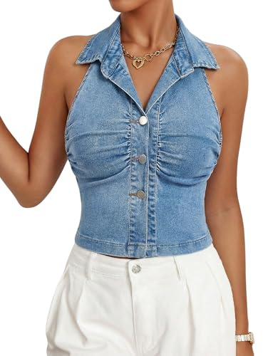 GORGLITTER Women's Y2k Denim Halter Neck Top Collar V Neck Ruched Button Front Cropped Tops Beach Party Outfits