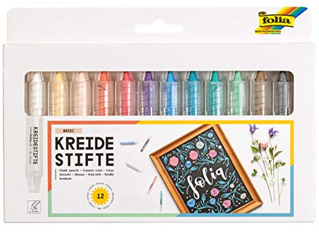 folia 371209 Basic Lot de 12 marqueurs à craie liquide assortis en 12 couleurs différentes pour peindre sur tableau, verre, papier et autres surfaces lisses